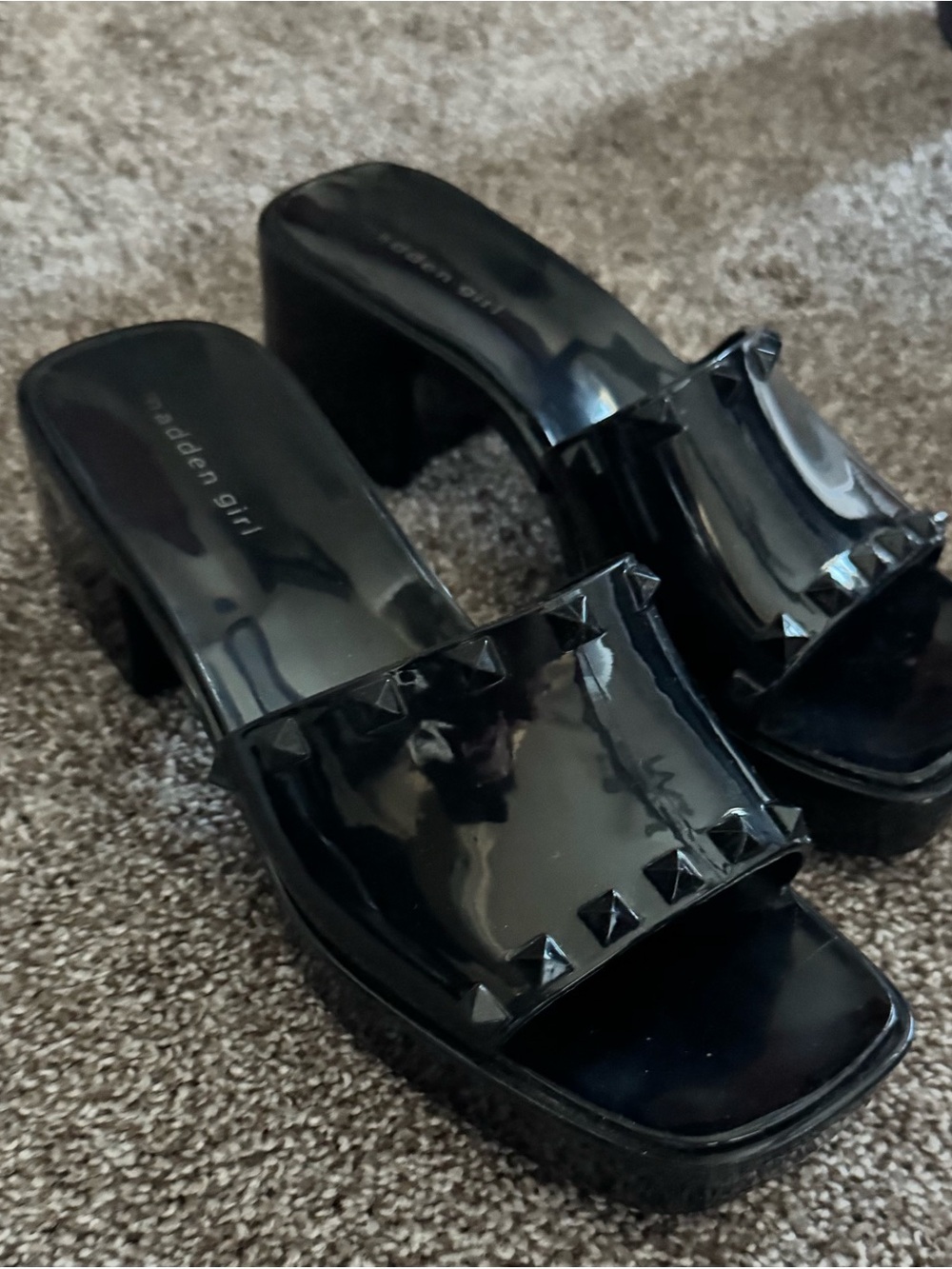 Madden Girl Black Patent Studded Block Heel Mules